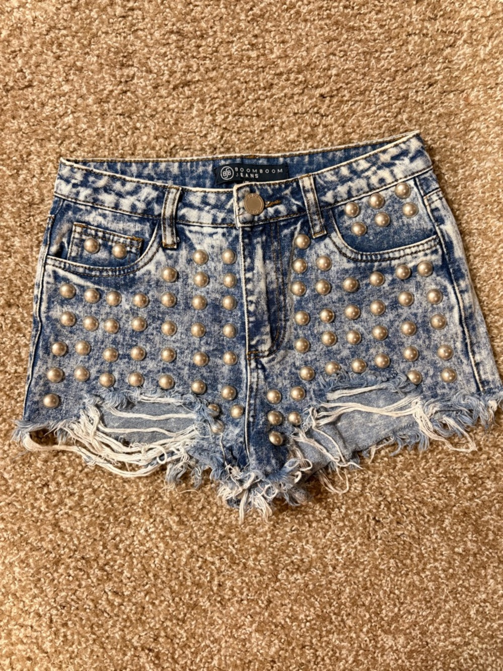 Boom Boom Jeans Light Blue Pearl-Studded Distressed Denim Shorts